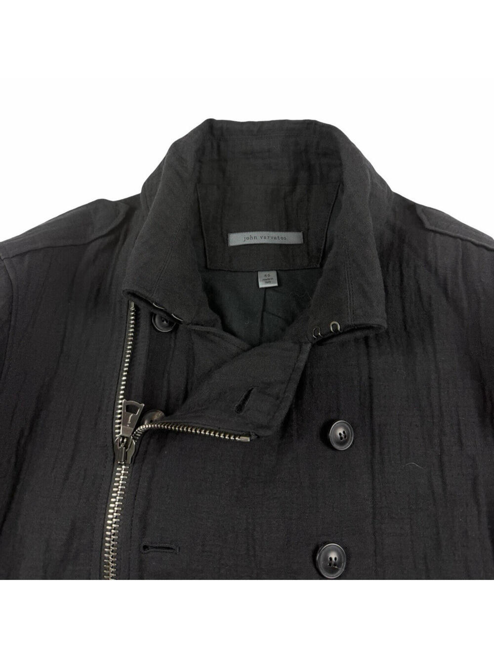 John Varvatos Modern Military Moto Pea Coat Cotton Linen Black Size 46 EU - Picture 4 of 9